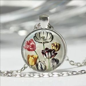 Dutch Tulips Glass Cabochon Silver Necklace